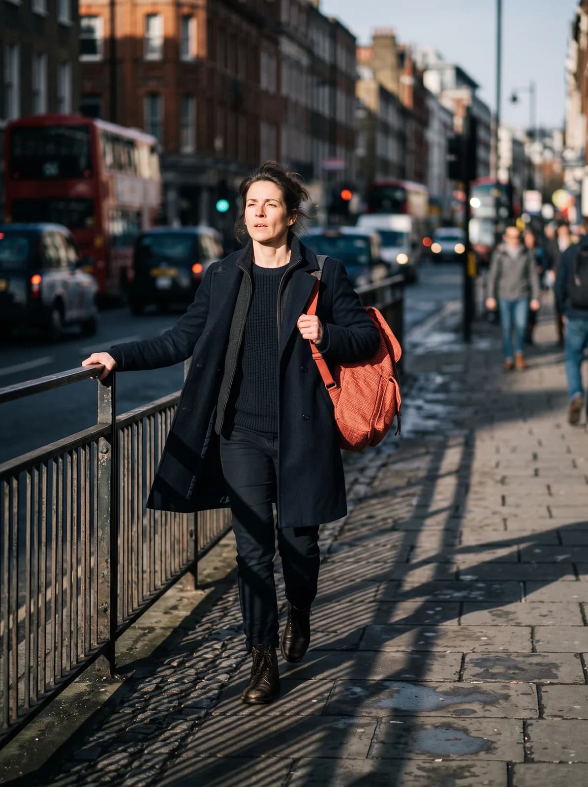 A woman in a dark wool coat walking along a city pavement in low morning sun, one hand trailing back along a metal railing, head lifted and mouth slightly open as she catches her breath mid-stride. A coral backpack over one shoulder is the only saturated color. The street behind her is out of focus, and the railing throws long shadows across the paving.