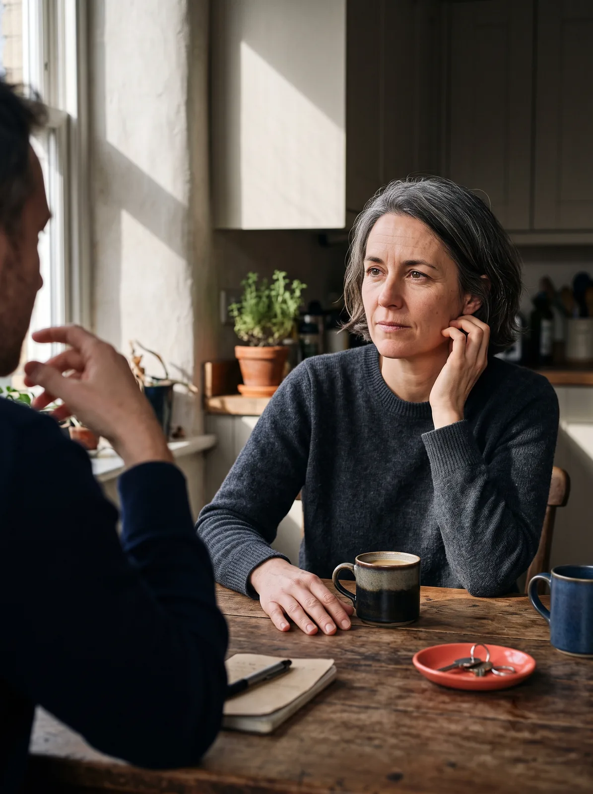 A woman at a kitchen table, listening, one hand flat on the wood and the other resting at her temple. The person across from her is turned away in the foreground, out of focus, mid-gesture. Two mugs on the table between them.