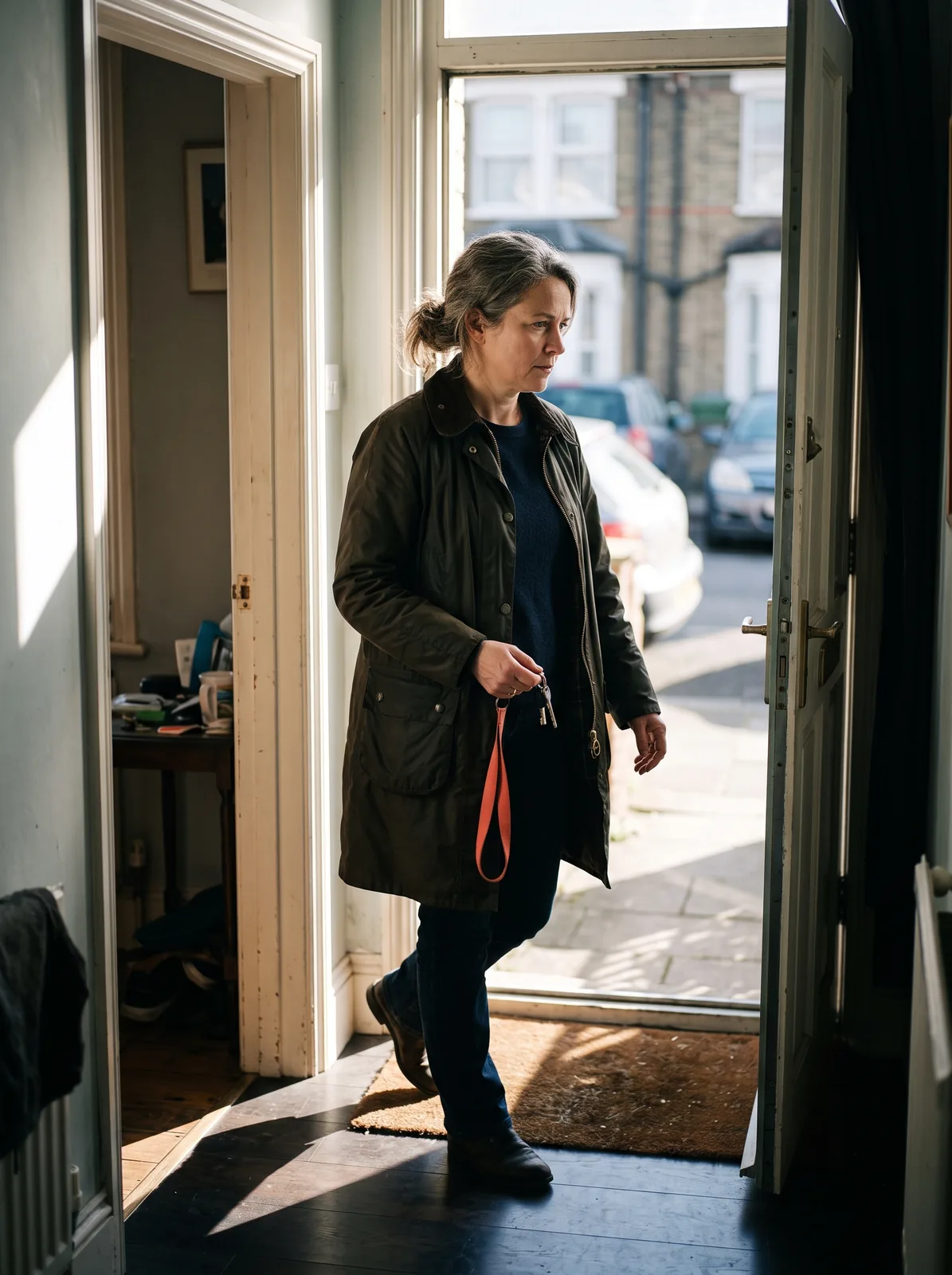 A woman in a waxed jacket stepping into her own open front doorway in low morning sun, keys with a coral wrist strap in one hand, looking out toward the street rather than at the camera. Hard light from the door cuts a diagonal across dark floorboards. A room with a cluttered side table sits out of focus behind her.