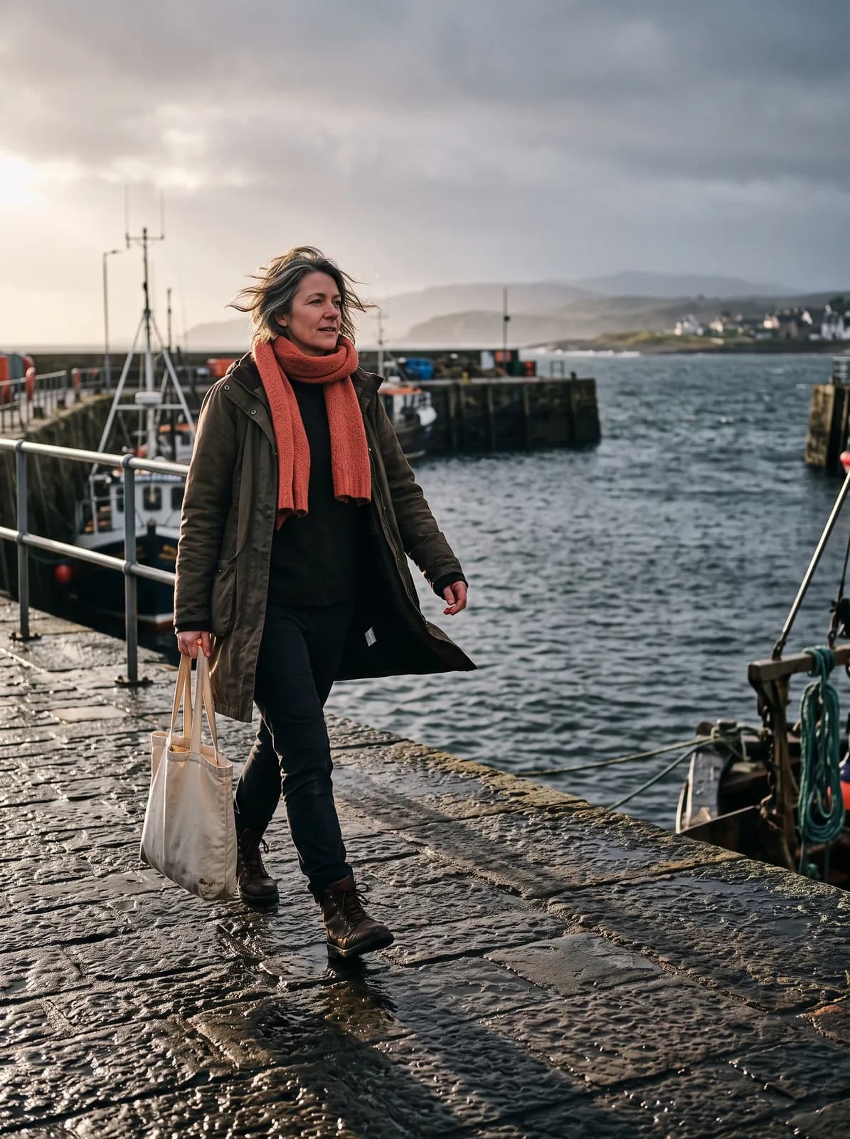 A woman in her late forties walking toward the camera along a wet stone harbor wall, olive parka open, a canvas tote in one hand. A coral scarf is the only saturated color in the frame. Wind is in her hair and she is looking ahead, past the camera, not at it. Fishing boats are moored either side and low sun breaks through heavy cloud over the water behind her.