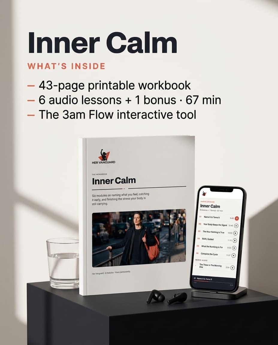 Inner Calm: the 43-page printable workbook, and its 6 audio lessons plus a bonus listed on a phone.