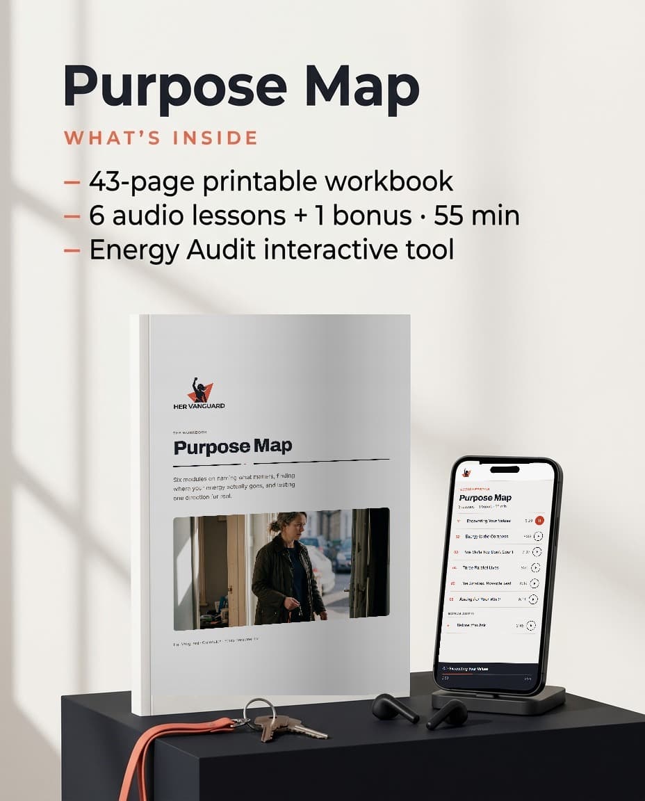 Purpose Map: the 43-page printable workbook, and its 6 audio lessons plus a bonus listed on a phone.