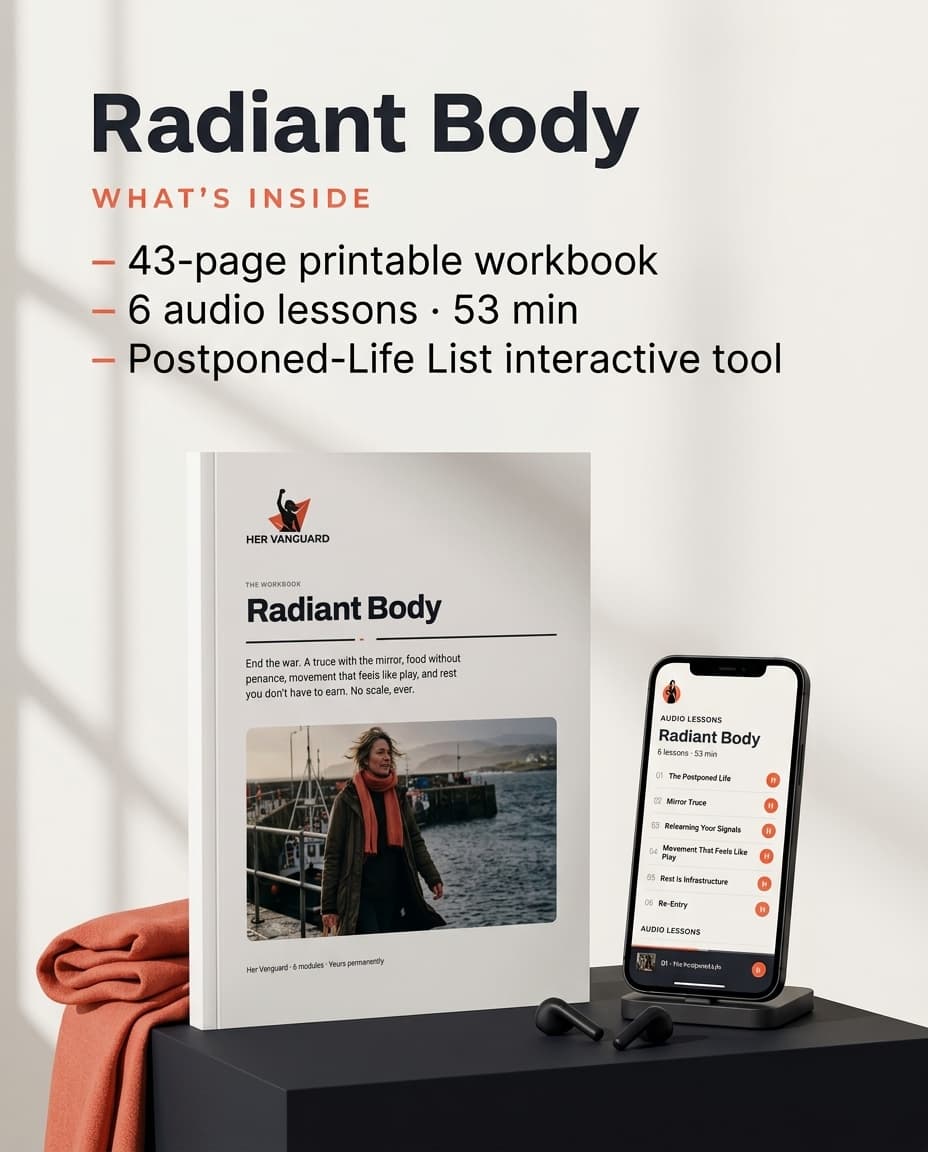 Radiant Body: the 43-page printable workbook, and its 6 audio lessons listed on a phone.