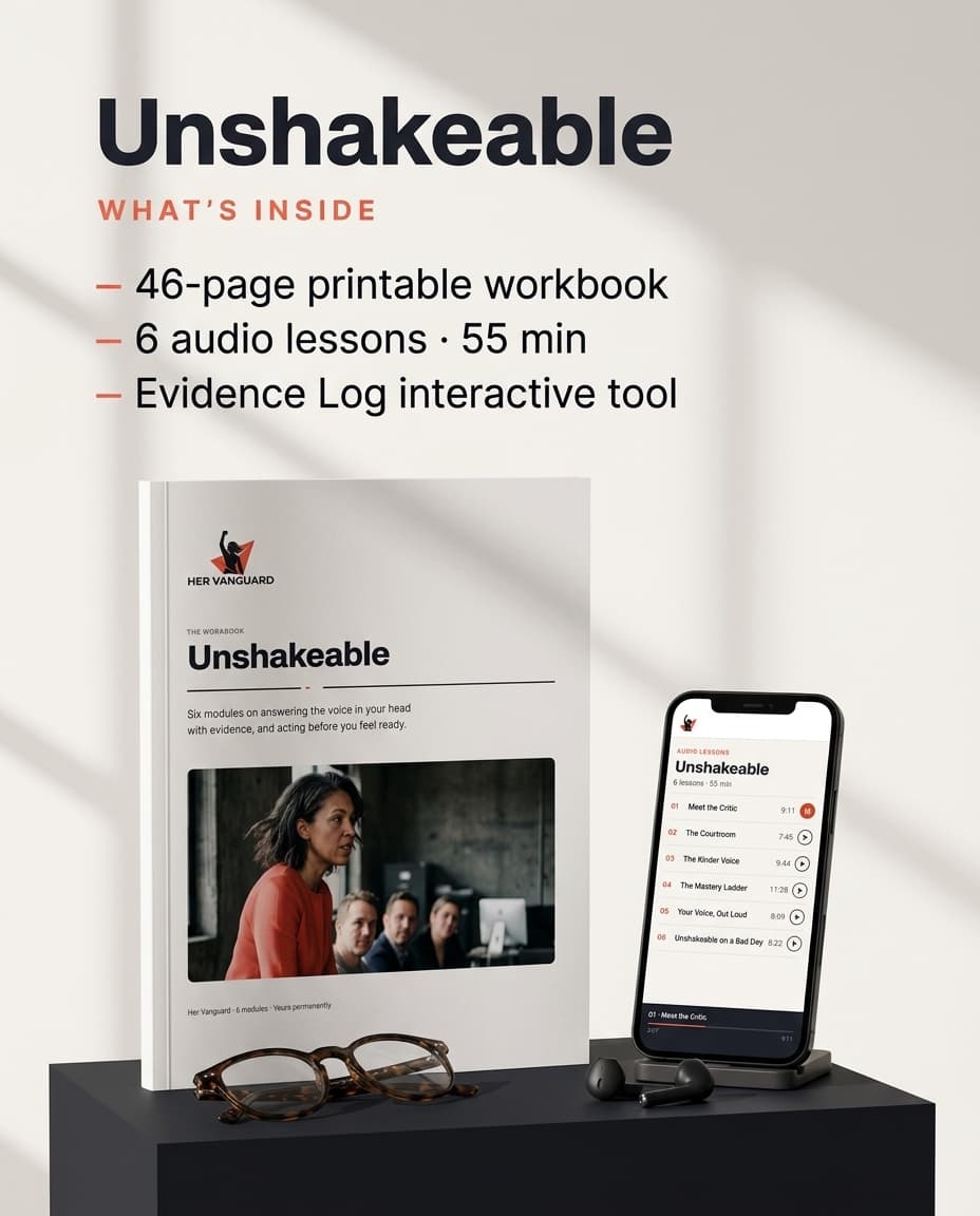 Unshakeable: the 46-page printable workbook, and its 6 audio lessons listed on a phone.